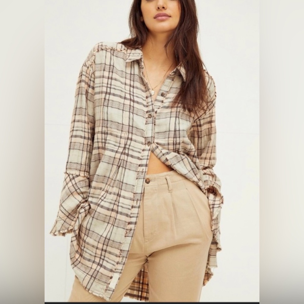 Free People Mary Anne Plaid Button Down Shirt/Tunic Dress